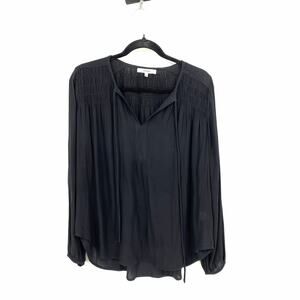 Ro & De Peasant Blouse Womens Size XS Black Smocked Yoke Long Sleeve Black